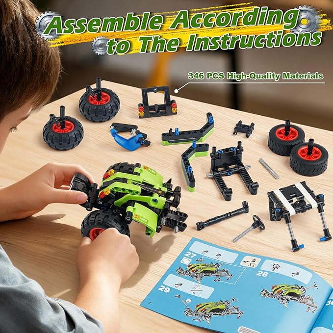 Jumlys STEM Building Toy for Kids Boys Girls Age 5, 6, 7, 8, 9, 10, 11, 12 Years Old, 2 in 1 Tractor Bulldozer Building Sets, 346 Pcs DIY Engineering Construction Building Blocks Kits