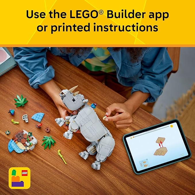 LEGO Creator 3 in 1 Wild Animals: Majestic Rhino - Building Toy for Boys & Girls, Ages 9+ - Gift for Easter Baskets - Kids Bedroom and Desk Decor - Build Rhino, Hippo, or Walrus - 31171