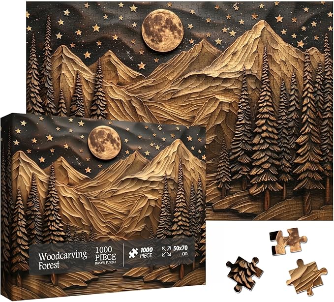 3D Mountain Forest Puzzles for Adults 1000 Pieces, Challenging Nature Plant Tree Scenic Puzzle, Art Landscape Moon River Star Scenery Jigsaw Puzzles