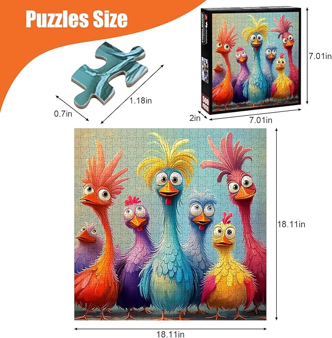 Chicken Puzzles for Adults 500 Pieces - Funny Colorful Chicken Jigsaw Puzzle, Cute Turkey Art Puzzle with Letters on Back, Challenging Hard Difficult Cartoon Animal Puzzles as Thanksgiving Home Decor