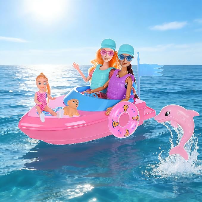 dollbie Fashion Dolls and Boat Playset - 11.5 Inch Dolls with Swimwear, Life Vests, Accessories, 5.5 Inch Doll, Pet Puppy and Dolphin Toy - Summer Beach Adventure Gift Set for Girls