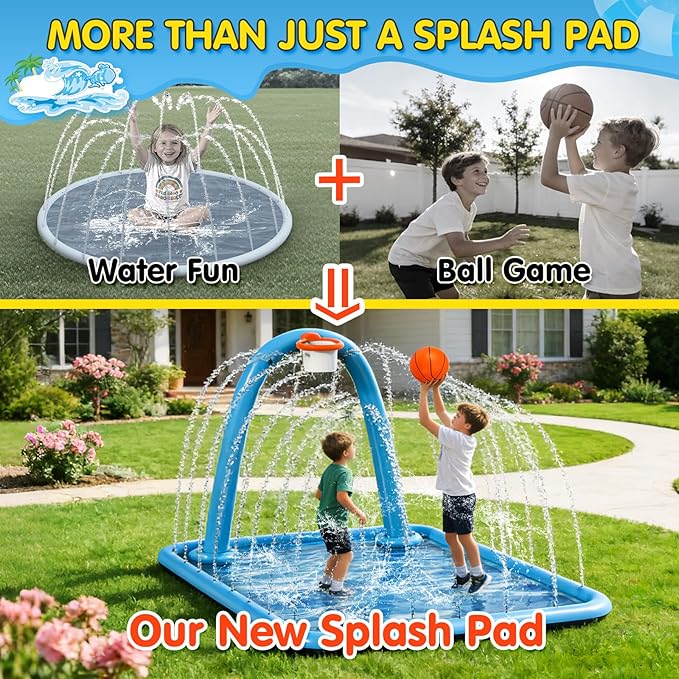 Splash Pad, 110x91'' 2-in-1 Large Sprinkler Mat with Basketball Hoop and Arch for Kids Outdoor Play, Shoot Game for Backyard, Inflatable Water OutdoorToys More Fun for Boys and Girls