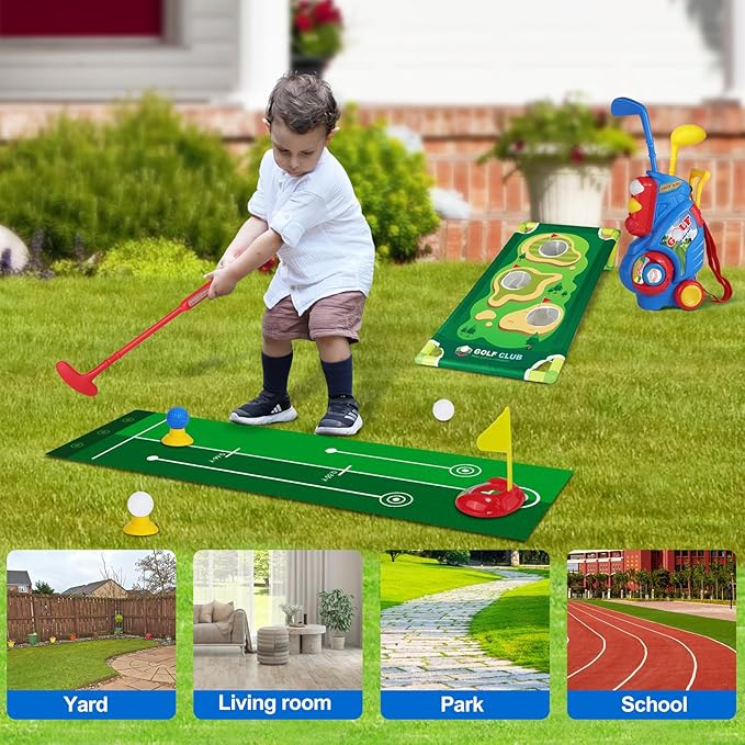 Toddler Golf Set for Boys Girls 1 2 3 4 Years Old, Upgraded Kids Golf Cart with Putting Mat & Cornhole Board, Outdoor Indoor Sports Toys, Blue