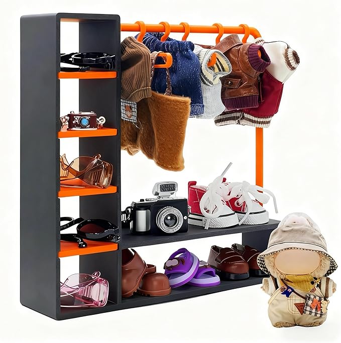 Doll Clothes Closet with 10 Hangers, Black & Orange Color Block Doll Accessories Display Wardrobe, Compatible with Fasion Doll Clothes,Portable Storage for Figures,Gift