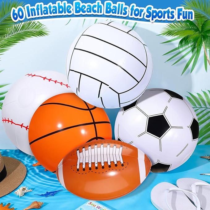 Sosation 16 Inch Inflatable Sport Balls 5 Styles Sport Beach Balls Swimming Pool PVC Ball Bulk Blow up Sports Party Decorations for Family Outdoor Beach Pool Water Sports(60 Pieces)