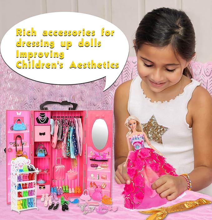 ebuddy 105 Pcs Doll and Closet Plyaset- Wardrobe Set Including One Doll,Wardrobe, Shoes Rack, Dress, Shoes Hangers, Necklace