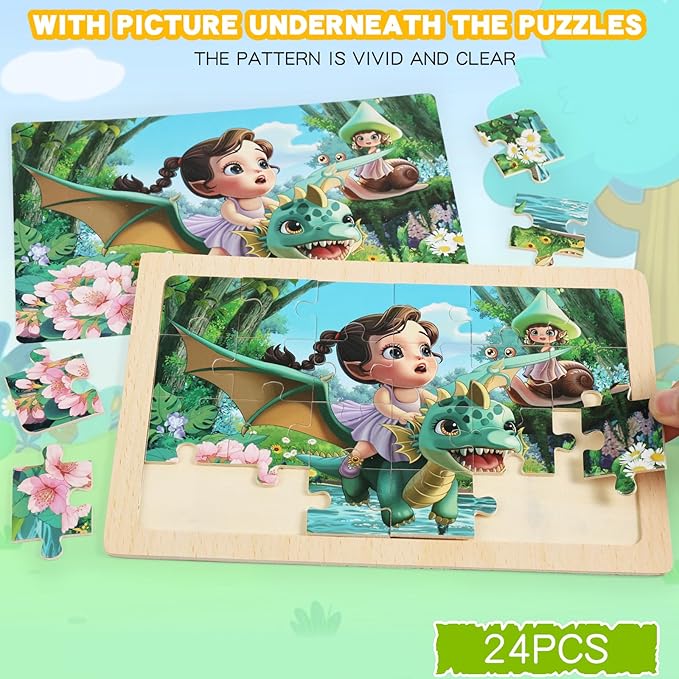 4 Sets of Wooden Puzzles, Each Set has 24 Pieces, Including Castle Unicorn Princess, for Toddlers 3-5, Puzzles for Kids Ages 4-6, Preschool Educational Brain Teaser Toys for Girls 3 4 5 6 Years Old.