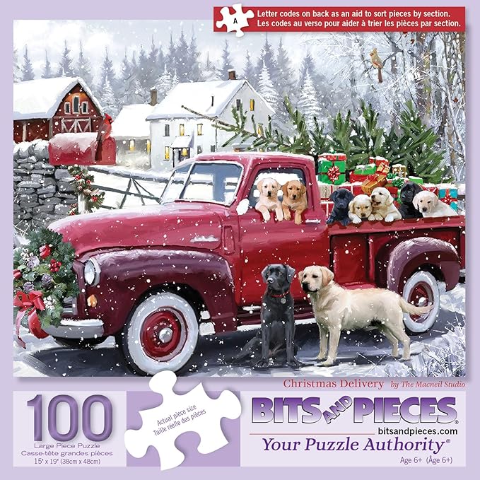 Bits and Pieces 100 Piece Puzzles for Adults 100 Extra Large Pieces 15" x 19" Jigsaw Puzzles, Red Truck Presents Dogs, Random Die Cut, No 2 Pieces Alike, Christmas Delivery