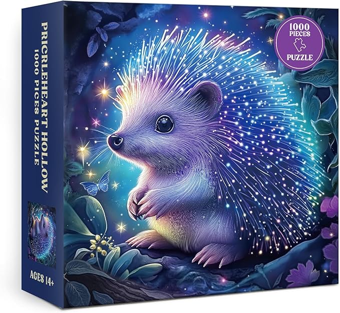 Magic Hedgehog Forest Puzzle 1000 Pieces for Adults, Fantasy Starry Night Animal Jigsaw Puzzle, Butterfly Glitter Plant Woodland Puzzles