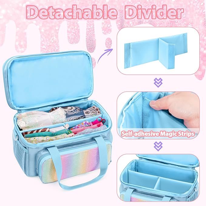 GRAOSO Carrying Case Compatible with Barbie Doll Clothes, Doll Accessories Storage Organizer, Double Layer Design, with Handle and Detachable Shoulder Strap, Case only (Blue)