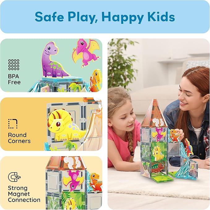 PicassoTiles Magnet Tiles Building Blocks Dinosaur Theme Set with 8 Magnetized Action Figures Magnetic Construction Build and Play Toy with Magnets STEM Learning Activities for Toddlers 3+ PTQ13