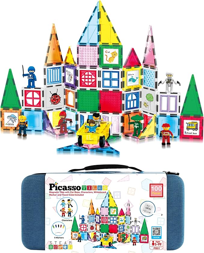 PicassoTiles 100PC Magnetic Tiles Construction Building with Carrying Case Included Block Set with Car, 8 Sets of Characters and Base Whiteboard Marker Playset Toy Kit for Boys & Girls Ages 3+ PB01