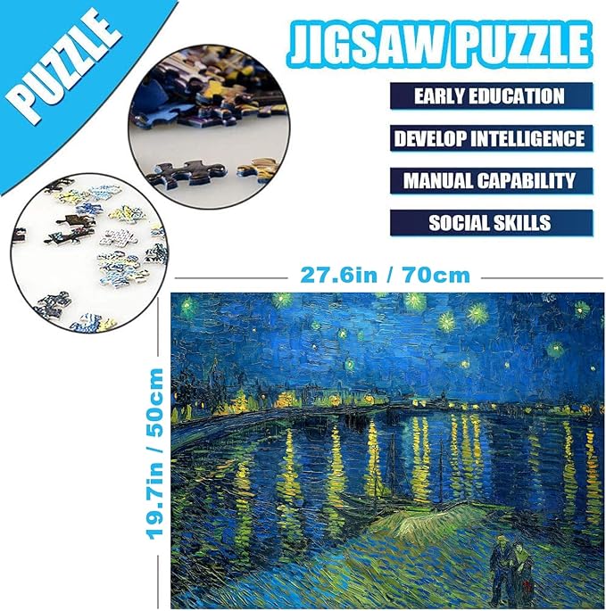 Jigsaw Puzzles for Adults 1000 Piece Starry Night Over the Rhone by Vincent Van Gogh 27.56 x 19.69 Inch Puzzles for Adults Educational Challenge Toy Van Gogh Puzzles 1000 Pieces for Adult