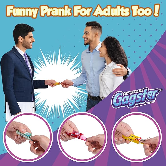 Gagster 4-in-1 Prank Chewing Gum Set – Shocking, Water Squirt, Cockroach Snapping, Fake Chewed Gum, Gag Gifts for Kids Adults, Work Pranks, April Fools, Practical Joke Toys Kit