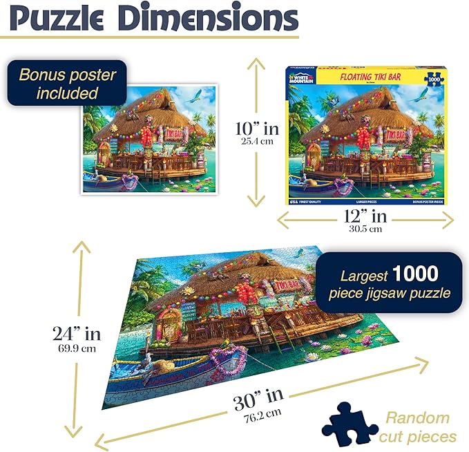 White Mountain 1000 Piece Jigsaw Puzzle Fun Coastal Summer Puzzles with Large Pieces Gift for Adults and Family 24"x30" - Floating Tiki Bar