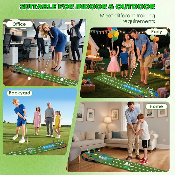 VATOS Golf Putting Mat Indoor for Kids - Golf Game Set with LED Balls, Glow Holes, Irons & Putters, Portable Putting Green Outdoor for Home Backyard Party, Golfs Toy Gifts for Kids 6-14