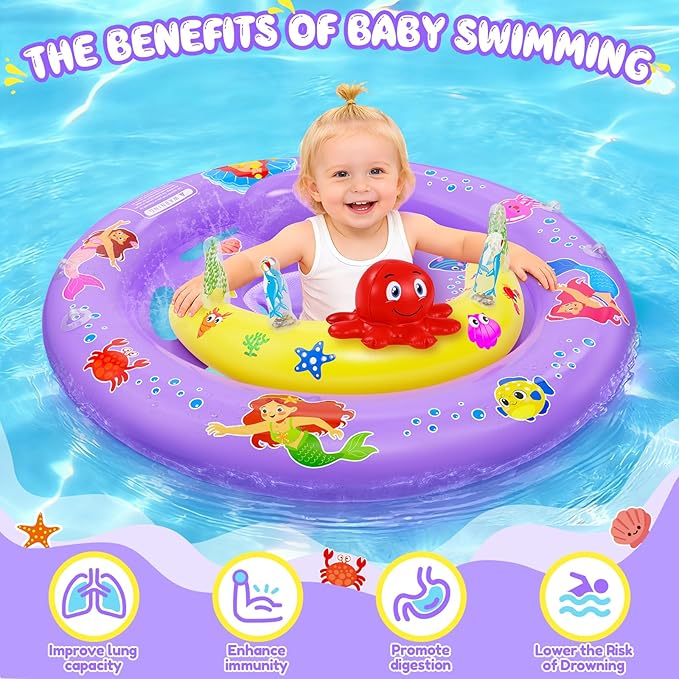 Baby Pool Float with UPF50+ Sun Protection Canopy, Inflatable Mermaid Baby Swim Float with Double Air Chambers, Adjustable Safety Seat & Toy Console Toddler Pool Float for 6-36 Months Boys Girls