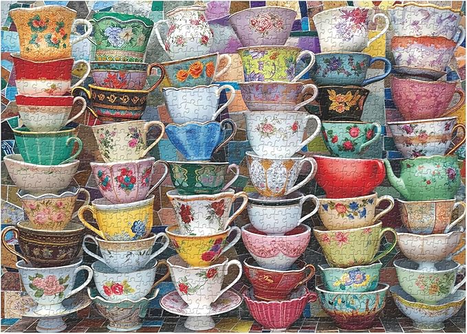 Teacups Puzzle for Adults 1000 Pieces, Colorful Tea Time Jigsaw Puzzles Features Classical Coffee Tea Cups, Challenging Retro Art Puzzles as Tea Cups Decor