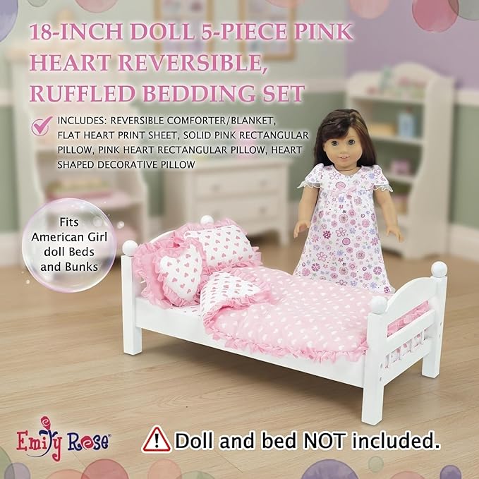 Emily Rose 18" Doll Pink Heart Valentines Bedding Set – 5 Pc Doll Bed Bedding & Bedroom Accessories with Comforter, Pillows & Matress Covering Flat – Fits American Girl, Bunk Beds, Cribs