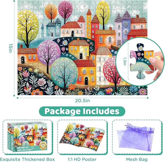 Puzzles for Adults 500 Pieces,Colorful Town Puzzle for Adults 500 Pieces,Spring House Jigsaw Puzzles for Seniors,Recyclable Cardboard Puzzle,Perfect for Game Nights Giving Puzzles,20.5x15 in