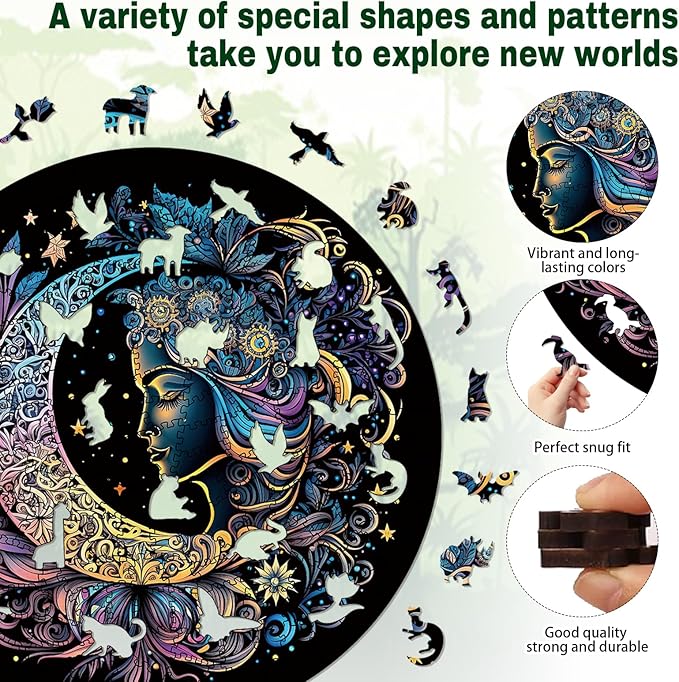 Wooden Puzzles for Adults, 200 Pieces Sun and Moon Uniquely Irregular Animal Shaped Wooden Jigsaw Puzzles, Creative Gift for Adults