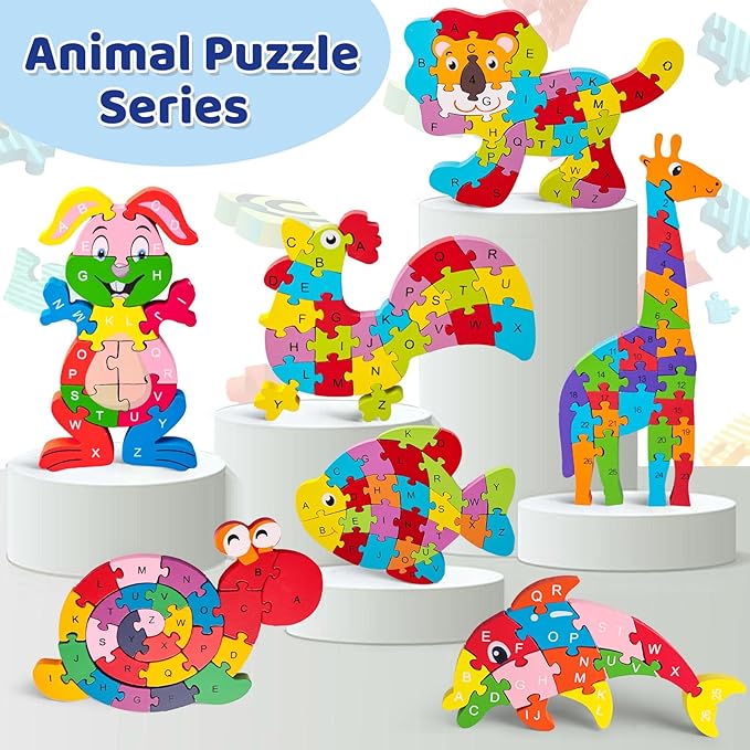 LovesTown Wooden Puzzles for Kids, Double Sided Rabbit Jigsaw with Alphabet & Numbers, Montessori Educational Toy for Toddlers, Chunky Animal Gift