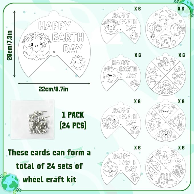 COcnny Earth Day Coloring Craft- 24 Sets Color Your Own Globe Art Craft DIY Wheel Cards for Kids, Happy Earth Day Paper Craft Art for School Home Class Event World Environment Activities