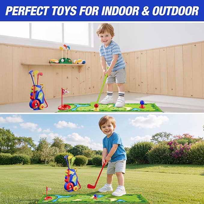 Toddler Golf Set 2-4 Years, Kids Golf Club with 8 Balls, 4 Plastic Clubs, Putting Mat, Scoreboard, Storage Bag, Indoor Outdoor Game with Golf Cart Sport Toy Gift for Baby Boys Girls Age 3-5, Blue