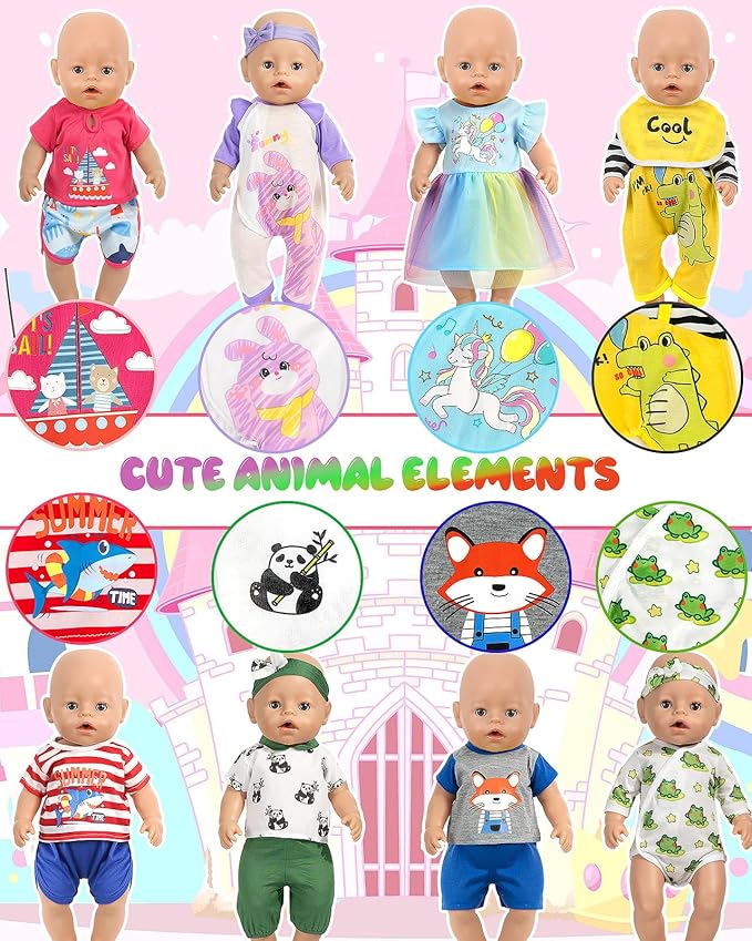 ARTST Baby Doll Clothes, 8 Set 14-16 inch Baby Doll Accessories Outfit Pajamas with Headbands Valentine's Gift for 43cm New Born, 15 inch Bitty,16 inch Boys(NO Doll)
