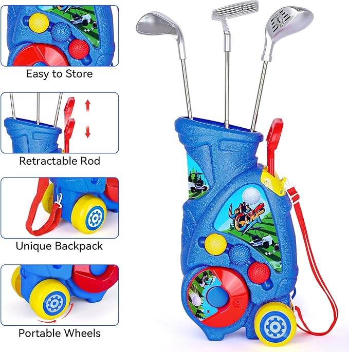 Toddler Golf Set with Shoulder Strap for Kids Ages 2-5, Portable Golf Clubs, Cart & Putting Mat - Indoor Outdoor Sports Toys - Blue