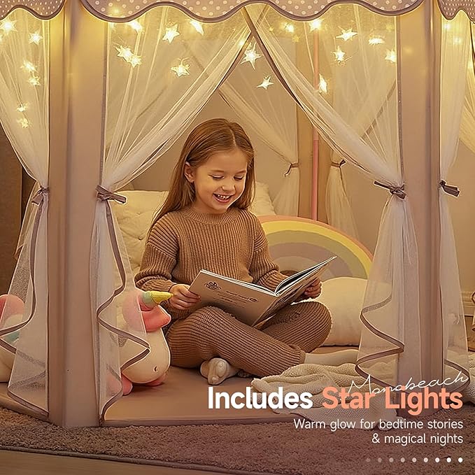 Monobeach Princess Play Tent for Girls: Brown Large Kids Castle Playhouse with Mesh Curtains & Star Lights - Indoor Outdoor Pretend Play Toys Tent - Cozy Reading Nook Gift for Toddlers & Kids