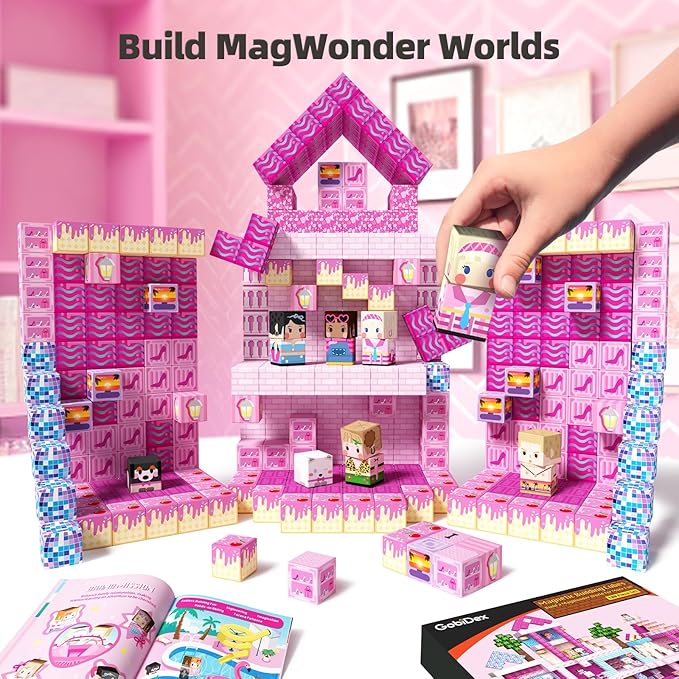 GobiDex 100PCS Magnetic Blocks Princess Building Toys for Girls 3+, Magnet Pink Castle STEM Sensory Playsets for Toddler Kids Birthday Gifts
