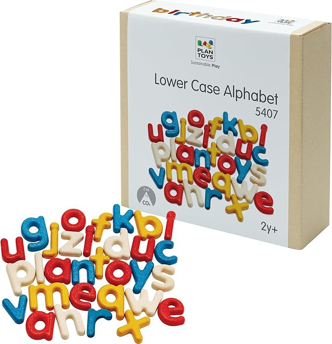 PlanToys® Lower Case Alphabet Wooden Learning Set for Kids Ages 3+ | Montessori Educational Resource for Literacy, Letter Recognition & Spelling | Eco-Friendly Early Language Development Tool