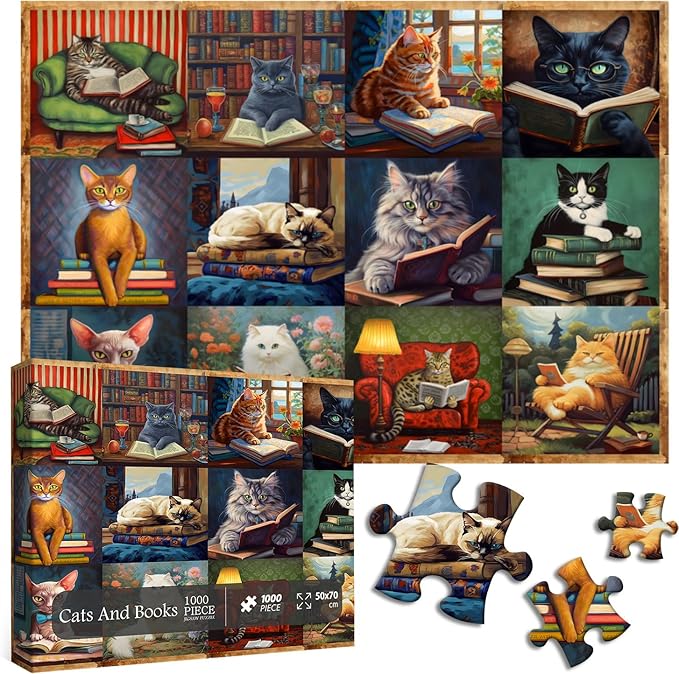 PICKFORU Vintage Puzzles for Adults - 1000 Pieces, Funny Cat Puzzles Collection, Retro Animal Puzzle