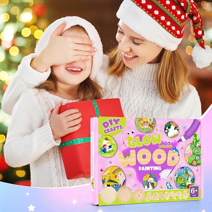 Sulataya Wooden Painting Kit for Kids 6-12, Wood Slices Craft Kit Gift Set with Assorted Gems & Diamond Painting Tools, Creative Art Activity Supplies for Boys Girls