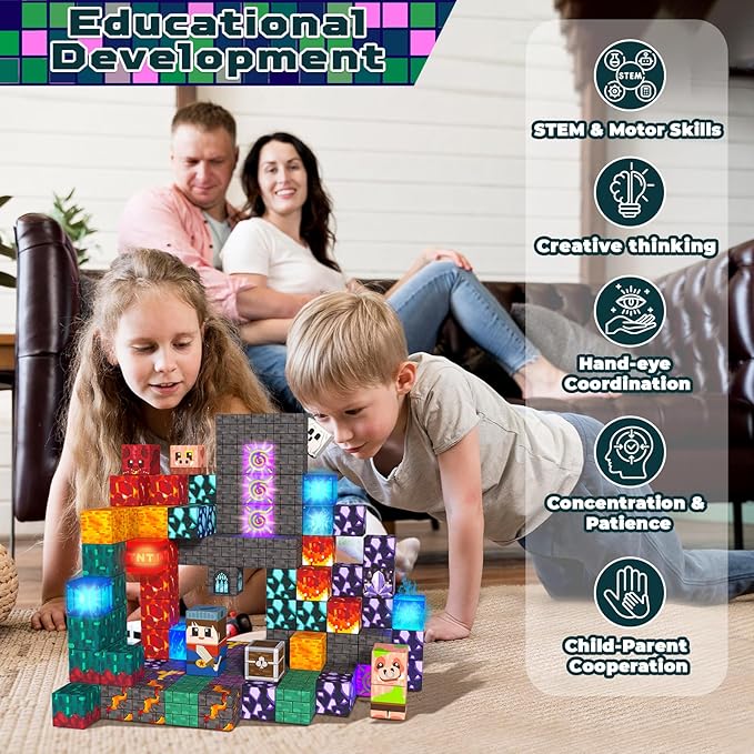 150PCS Magnetic Blocks with Light up Blocks - Magnetic Building Blocks for Kids Ages 4 5 6 7 8 9 10, Magnetic Light up Building Blocks, STEM Sensory Learning Toys, Birthday Gift for Kids Ages 3+