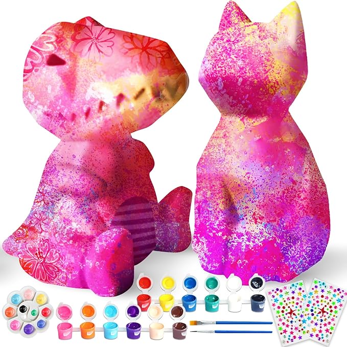 Goody King Paint Your Own Cat & Dinosaur Lamp Art Kit 2pcs, DIY Night Light, Christmas Crafts for Teens, Painting Kit for Girls Boys Age 4 5 6 7 8+, Art Supplies Cat Craft Gift for Birthday, Party