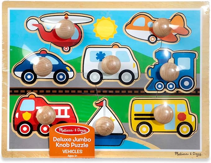 Melissa & Doug Vehicle Jumbo Knob Puzzle, Wooden Peg Puzzle for Toddlers, Educational Toy for Shape Recognition and Fine Motor Skills, Ages 1+