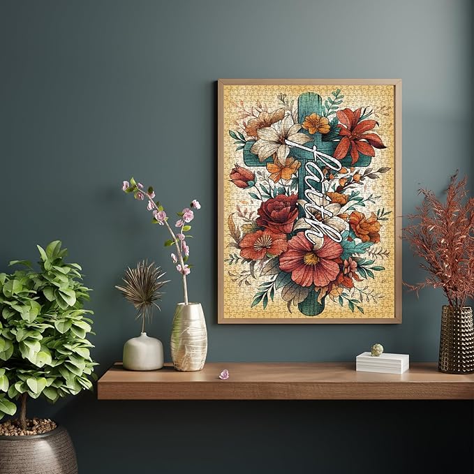 Vintage Flower Cross Puzzles for Adults 1000 Pieces, Christian Religious Floral Jigsaw Puzzles, Pretty Catholic Art Puzzles