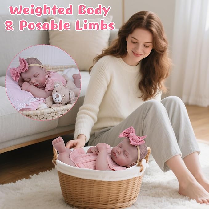 EKOKIZ Realistic Baby Doll, 20-Inch Reborn Baby Doll Girls Soft Cloth Body Newborn Dolls That Look Real, Lovely & Pretty Lifelike Doll with Pink Dress and Toy Accessories for Kids Age 3+