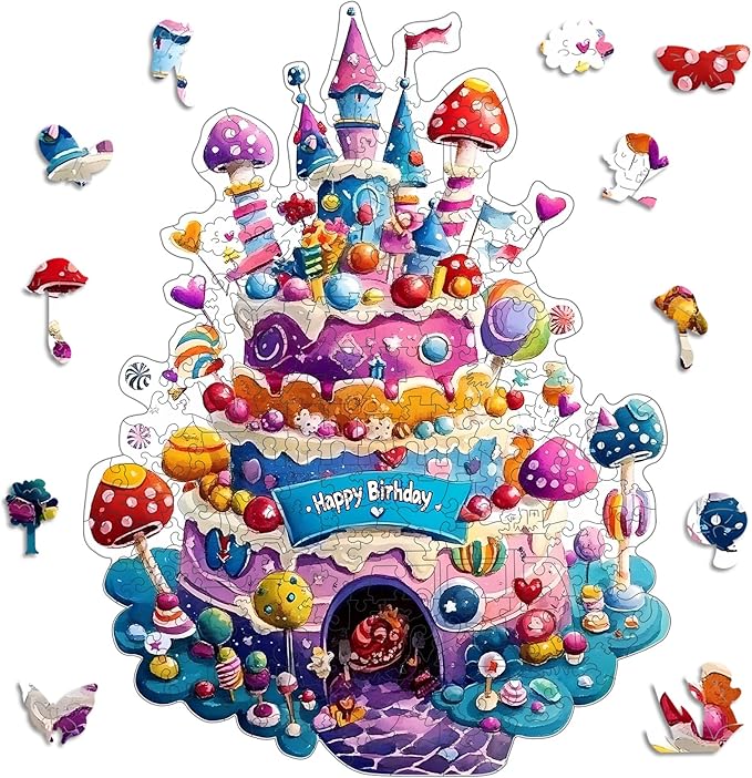 Mocfesk Birthday Cake Wooden Puzzles, Unique Shaped Wooden Jigsaw Puzzles for Adults and Kids, Small Puzzles for Grandkids, Birthday Gifts Family Games Home Decor 11.4 x 8.6 in