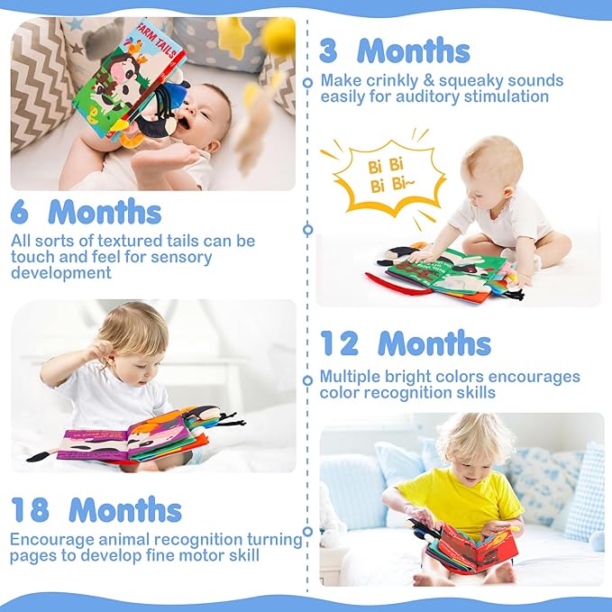 beiens Baby Books Toys, Touch and Feel Crinkle Cloth Books for Babies, Infants & Toddler, Early Development Interactive Car & Stroller Soft Toys for Boys & Girls (Farm Tails-1 Book)