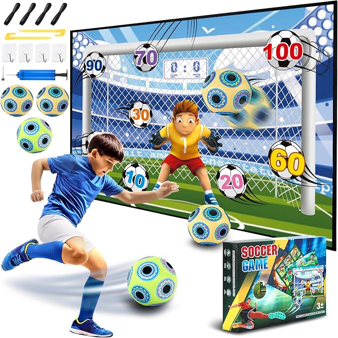 Soccer Ball Game Toy Set for Kids Ages 3-12,Soccer Goal Tapestry Target with 3 Sticky Soccer Balls, Indoor and Outdoor Soccer Shooting Training Toys for Boys Soccer Birthday