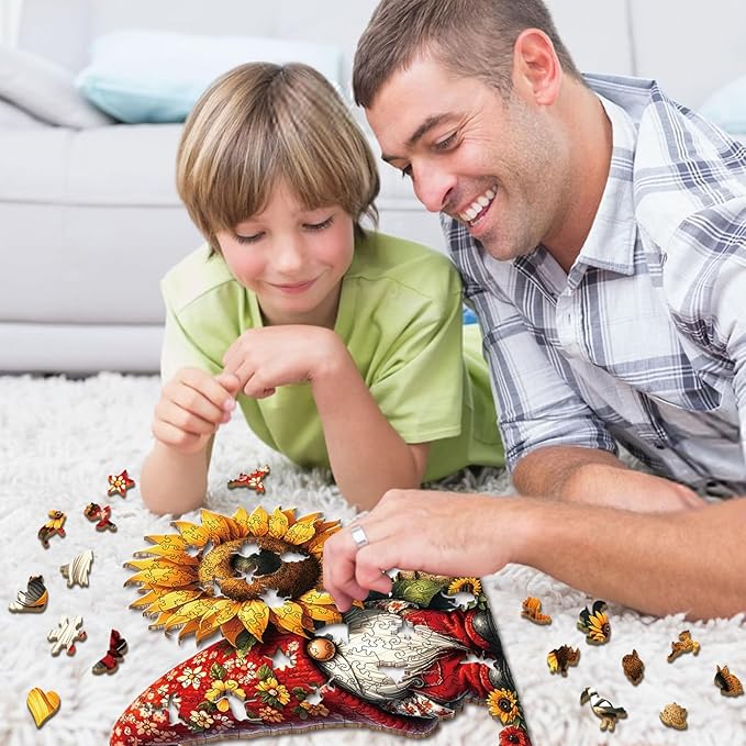 Wooden Puzzles for Adults, Sunflower Gnome 200 Pieces Wooden Jigsaw Puzzles with Unique Shape, 10.3x10.6 Inch Wooden Puzzles Kits for Great Gift Family Game