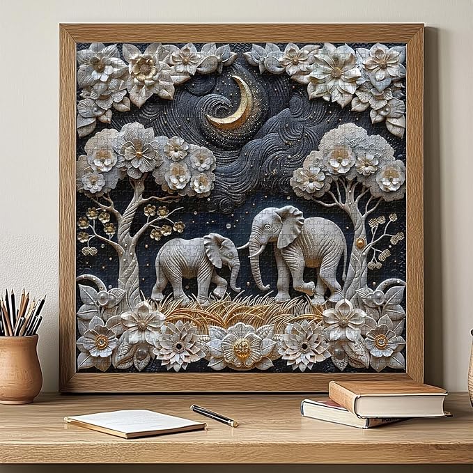 Elephants 1000 Piece Puzzle for Adults, PICKFORU Plant Floral Jigsaw Puzzles Night Sky, Hard Difficult Vintage Animals Theme as House Decor