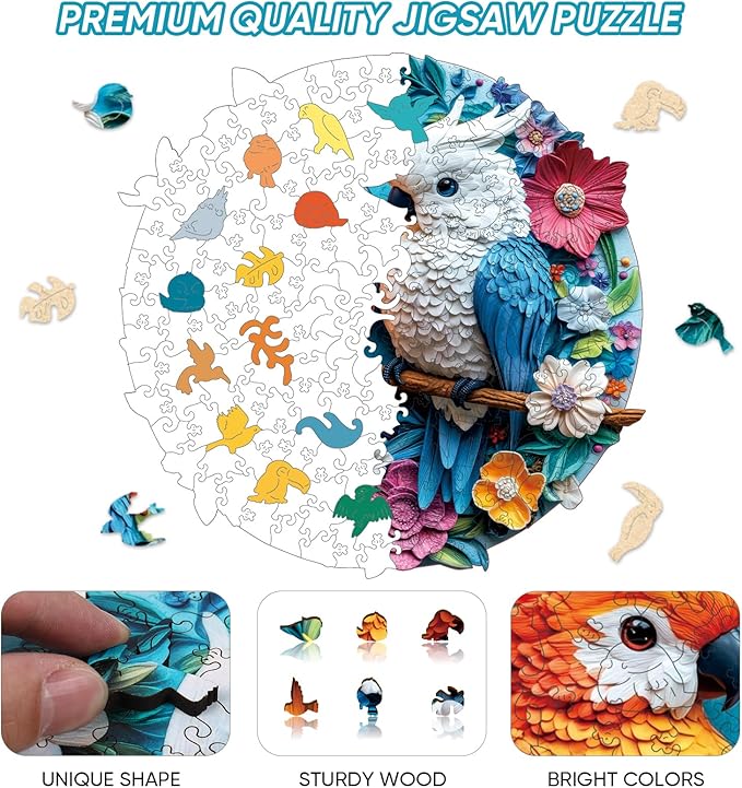 Wooden Jigsaw Puzzles for Adults, Parrots Mother's Day Wooden Puzzles 200 Pieces-5MM, Unique Animal Shape Wood Puzzles Adult, Birthday Party Gifts for Friends & Family Game Home Decor 11.2 x 11.2 in