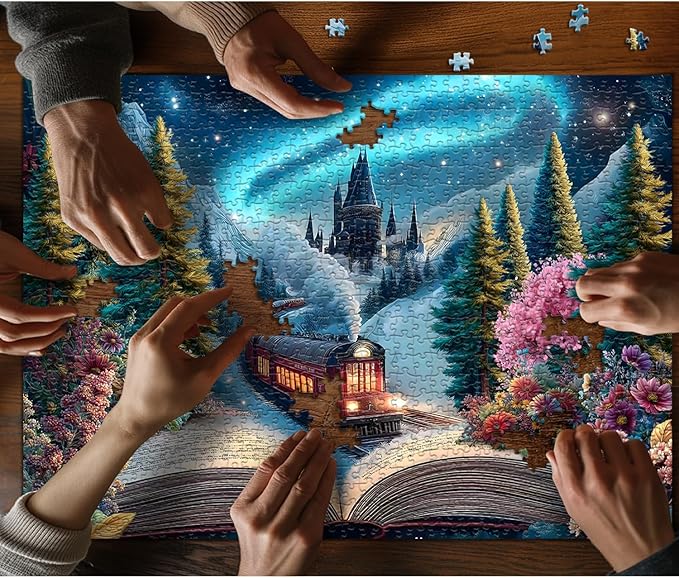 PICKFORU Train Puzzle for Adults 1000 Pieces, Fantasy Book Nature Plant Flower Puzzles,Forest Vintage Floral Scenery Jigsaw Puzzle Challenge