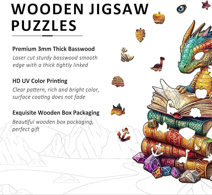 Wooden Puzzles for Adults - Reading Dragon Wood Puzzles Adult - Unique Animal Shape Wooden Jigsaw Puzzles for Adults - Birthday Gifts for Puzzle Lovers, Family (11.4 * 11.4in - 200 Pieces)