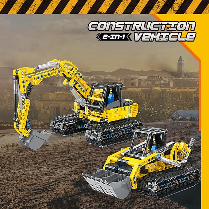 2-in-1 Excavator & Bulldozer Building Kit - 399 Pieces STEM Educational Construction Toys for Kids, Creative Birthday Gift Idea