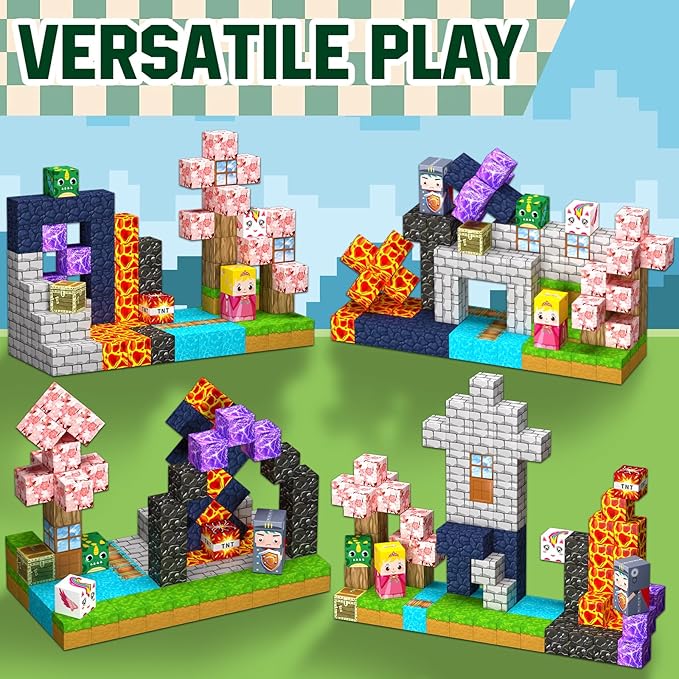 100PCS Magnetic Blocks - Magnet Cubes Toys Stacking, Build Mine Magnet World Magic Portal Set, STEM Montessori Stacking Toy for 3+ Year Old Boys&Girls (Forest and Castle)